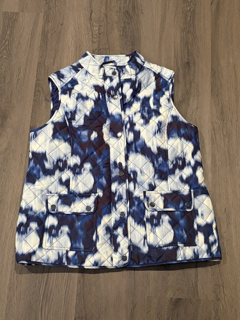 Jones New York Petite Large PL Blue White Abstract Quilted Zip/Snap Vest Pockets
